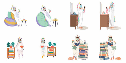 Fototapeta premium Vector illustration set of a girl in a unicorn onesie practicing self-care routines like masking, reading, and lounging at home.