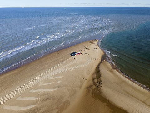 Aerial view, meeting of North Sea and Baltic Sea, Skagerrak and Kattegat, Grenen, Skagens Gren, Skagen, North Jutland, Jutland, Denmark
