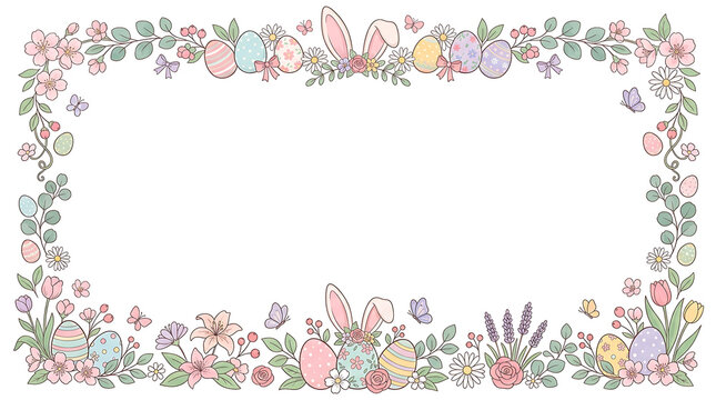 Easter border frame with pastel eggs and flowers