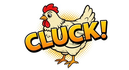Fototapeta premium A cartoon chicken stands on a surface with a speech bubble saying Cluck