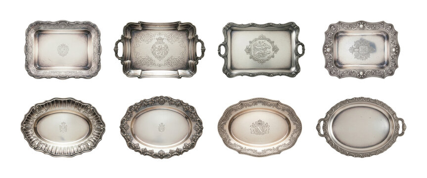 Decorative Antique Silver Tray PNG Set