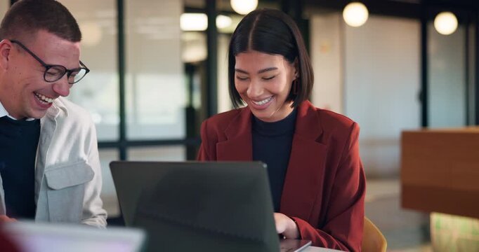 Woman, team and laptop for laugh at office meeting, proposal or review at real estate company. People, realtor and consultant with discussion for investor, property development or insight at agency