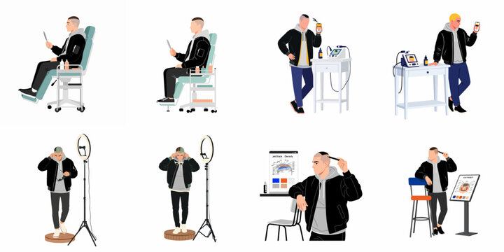 A set of flat illustrations showing a man undergoing various stages of a scalp micropigmentation procedure, from consultation to final results in a clinic.