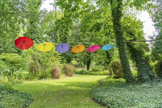 Colourful umbrellas in the optics park Rathenow, Rathenow, Havelland, Brandenburg, Germany