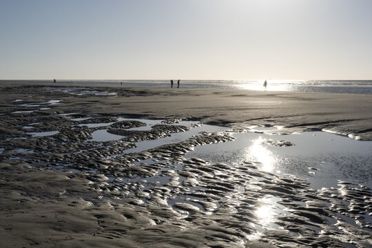 Walkers on the beach at low tide with tide pools, Juist Island, Lower Saxony Wadden Sea, North Sea, East Frisia, Lower Saxony, Germany