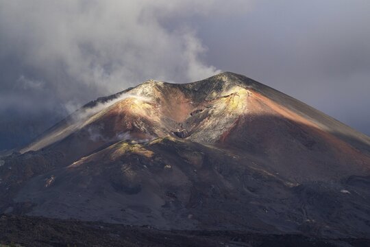 Sulfur covered crater of the new volcano from the 2021 eruption, La Palma Island, Canary Islands, Spain