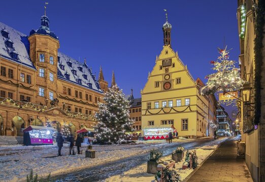 Market place with town hall and town hall drinking room, Rothenburg ob der Tauber, Old town, Tauber valley, Romantic street, Middle Franconia, Franconia, Bavaria, Germany