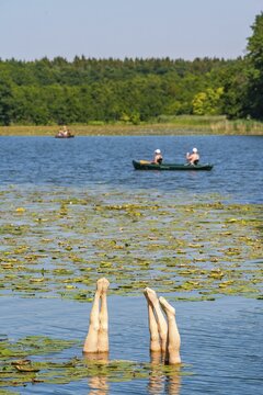 Sculpture of bathers doing a handstand, paddlers in the back, Oberpfuhlsee, town of Lychen, Uckermark, Brandenburg, Germany