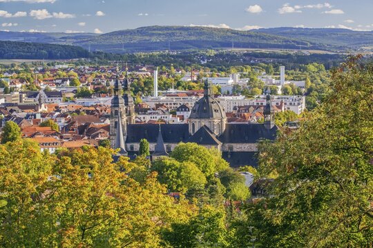 View from Frauenberg of St. Salvator's Cathedral and the city in early autumn, Fulda, Fulda River, Rh&ouml;n, Eastern Hesse, Hesse, Germany