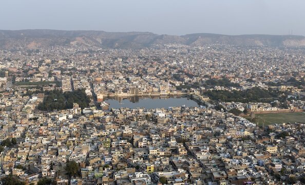 Overlooking Tal Katora Lake and City of Jaipur, from Nahargarh Fort, Rajasthan, India