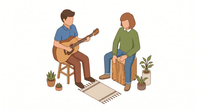 Isometric illustration of musicians playing acoustic guitar and cajon drum