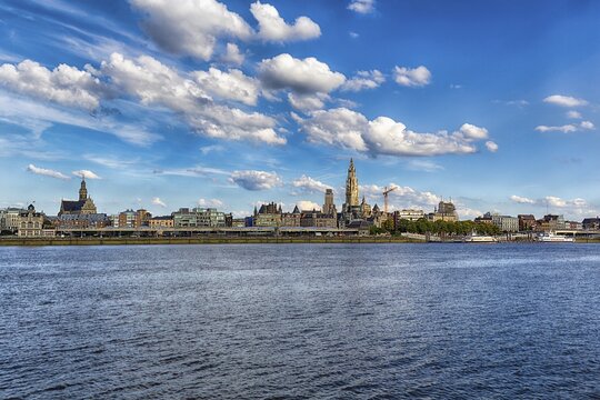 Town view Antwerp with Cathedral of Our Lady, River Scheldt, Antwerp, Flanders, Belgium