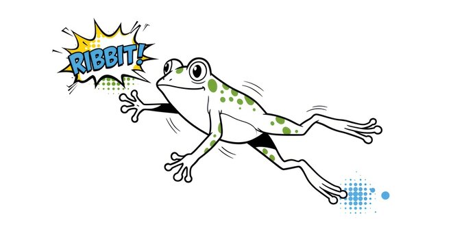 A green frog jumps quickly with a loud ribbit sound effect.