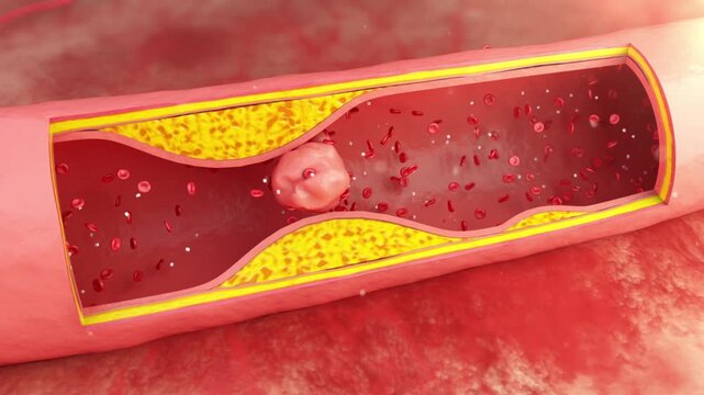 Thrombus blocks a narrowed blood vessel, preventing normal blood flow. This triggers myocardial infarction and cerebral infarction. 3D animation of thromboembolic events.