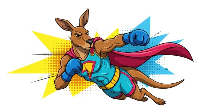 A kangaroo superhero wearing a cape flies through a colorful explosion scene.
