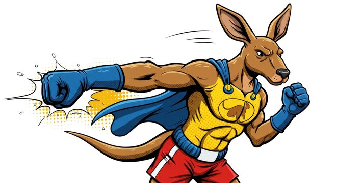 A muscular cartoon kangaroo superhero runs dynamically in a fighting stance.