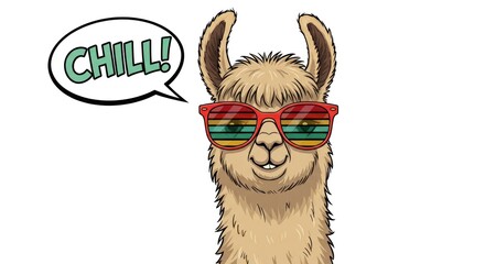 Fototapeta premium A llama wearing sunglasses says chill in a speech bubble.