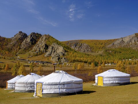 Yurts under rocks in Gorchi Terelj National Park, Ulan Bator, Mongolia