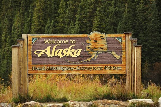 Receiving sign to Alaska at the border Canada Yukon Territory, Alaska, North America, USA