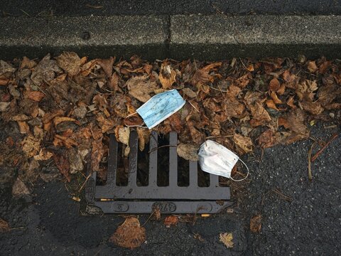 Discarded respirators, street, autumn leaves, Schliersee, Bavaria, Germany