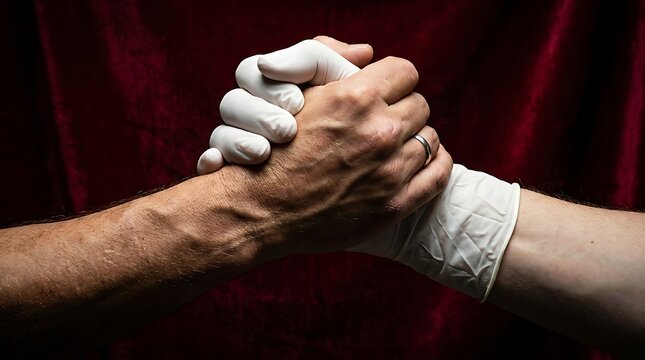 Bare hand gripping a gloved hand in a gesture of solidarity