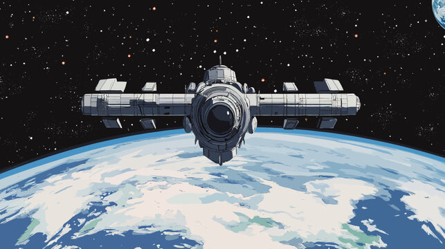 Astronaut spacecraft orbiting Earth in space with distant stars
