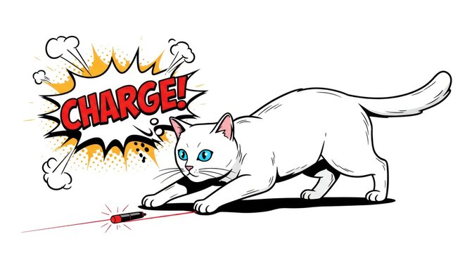 A white cat playfully charges towards a red laser pointer with fists and flames.