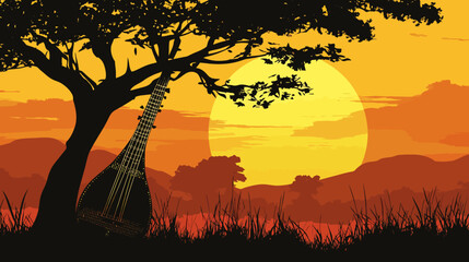 Naklejka premium Digital silhouette of a sunset with a guitar leaning against a tree