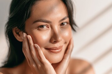 Naklejka premium Cute asian young woman with expressive eyes and smooth black hairstyle smiles gently in studio lighting, creating fresh beauty portrait with clean minimalist background.
