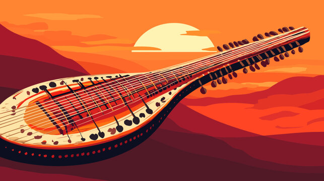Artistic digital illustration of a sitar guitar against sunset background