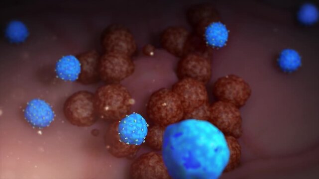 Reduced number of effector T cells leads to unchecked tumor cell proliferation and diminished anti-tumor immunity. 3D animation of immune escape and cancer progression.