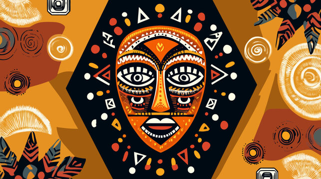 Tribal mask featuring two large, expressive eyes, geometric patterns, and surrounding abstract shapes
