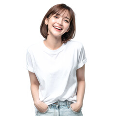 Obraz premium Cute asian young woman with expressive eyes and smooth black hairstyle smiles gently in studio lighting, creating fresh beauty portrait with clean minimalist background.