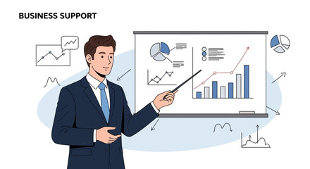 Fototapeta premium Businessman presenting financial growth chart on whiteboard with graphs