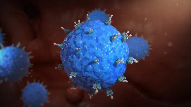 PD-1 receptor-bound effector T cells attack tumor cells and viruses. Immune checkpoint engagement enhances cytotoxicity, eliminating cancer and infected cells. 3D animation.