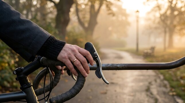 Close up of a hand on bicycle handlebars in a misty morning park