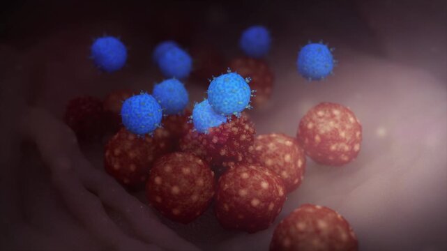 PD-1 monoclonal antibody binds to effector T cells, enabling them to kill tumor cells and enhance immunotherapy efficacy. 3D animation of T cell activation.