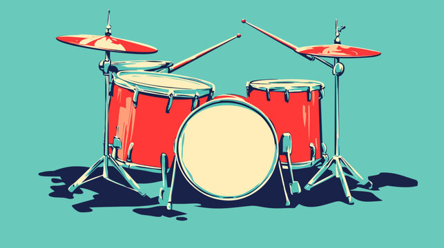 Vibrant red drum set with cymbals on teal background