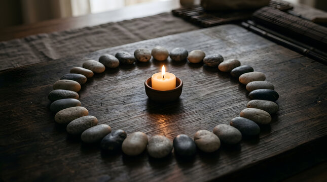 Lit candle in clay holder surrounded by stones on wooden table