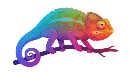 Naklejka premium A colorful chameleon perches on a branch, displaying vibrant hues of green, blue, purple, and orange, in a lively outdoor setting.