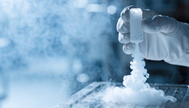 Gloved hand holding frozen vial releasing cold vapor, laboratory experiment with liquid nitrogen and fog