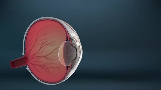 3D animation of eye in half-section showing anatomy: lens, blood vessels, cornea, ciliary muscle, and pupil. Medical visualization of ocular structures.
