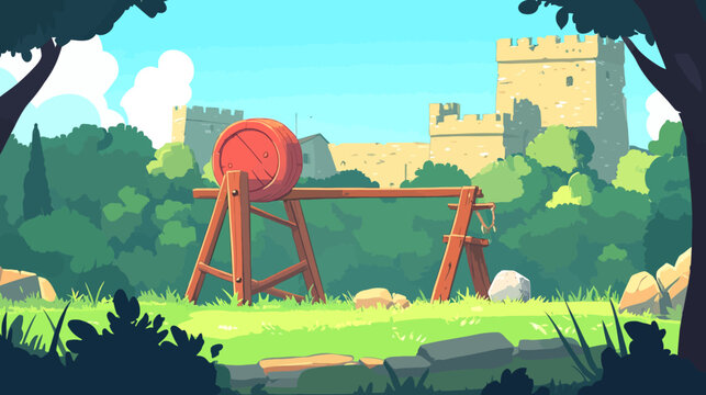 Animated medieval castle scene with wooden trebuchet and lush greenery