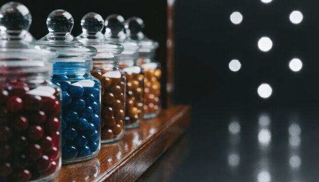 Colorful candy jars in row on wooden shelf with bokeh lights and low angle realistic mood