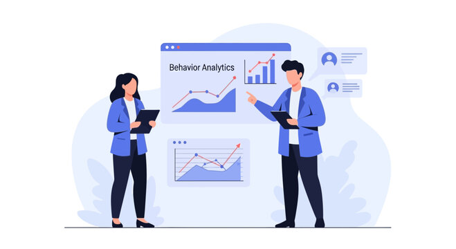 Behavior analytics team presenting data and charts for business growth strategy