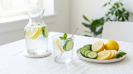 Fototapeta premium A clear glass pitcher filled with water and lemon slices sits on a white table. A smaller glass with lemon and cucumber slices is placed beside it.