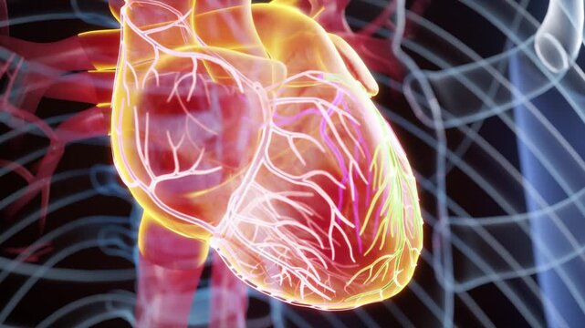 In 3D animation, a beating heart features glowing coronary vessels. Visualizing blood supply to the myocardium. Ideal for cardiology education and research.