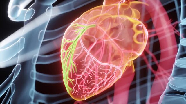 Beating heart shows left anterior descending, circumflex, and right coronary arteries in distinct colors. Visualizing cardiac blood supply. 3D animation.