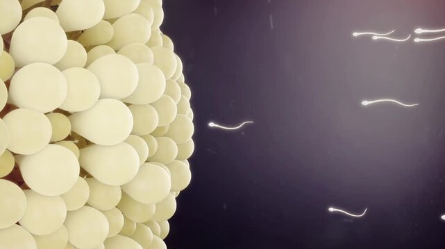 Many sperm swim toward the egg in the fallopian tube. One penetrates and fuses, forming a zygote. 3D medical animation of conception.