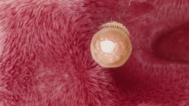 Egg transforms into a fertilized zygote, then migrates to the uterus and implants into the endometrium. 3D animation of early pregnancy establishment.
